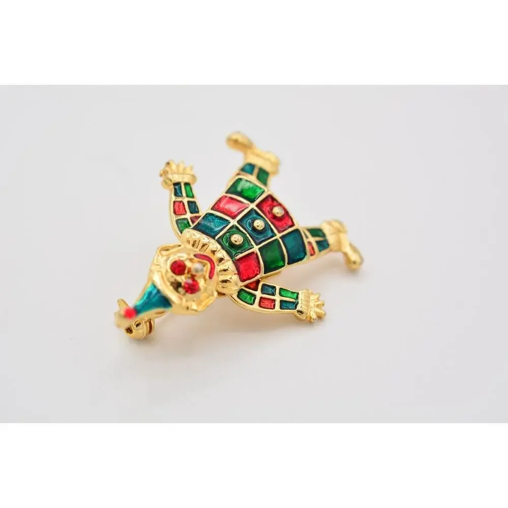 Vintage Clown Pin Brooch Red Green Enamel Dangle Arms Legs Gold Tone 1990s BinAT